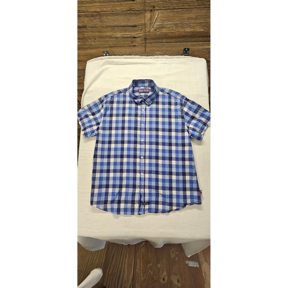 English Laundry Mens Blue Gingham Plaid Linen Blend Short Sleeve Shirt‎ XL